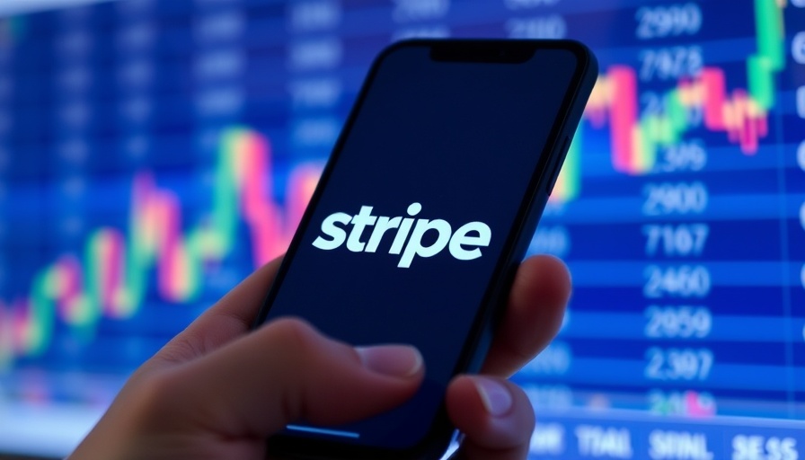 Stripe blockchain initiative on smartphone with stock data background.
