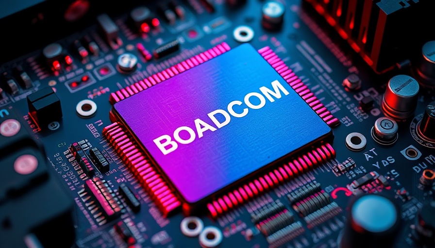 Close-up of Broadcom chip on motherboard, vibrant red and blue lighting.