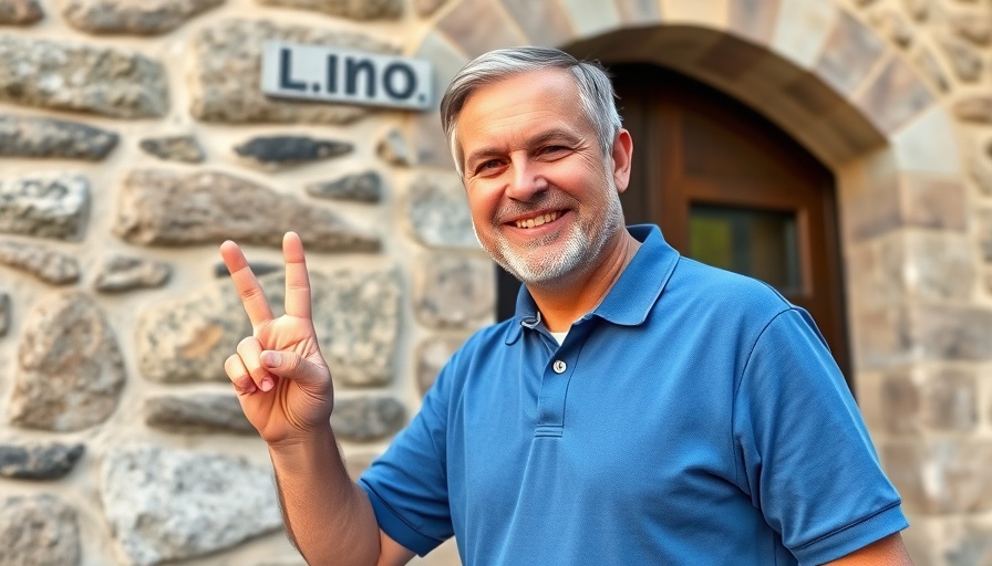 Casual man waving outside stone building, perplexity ai