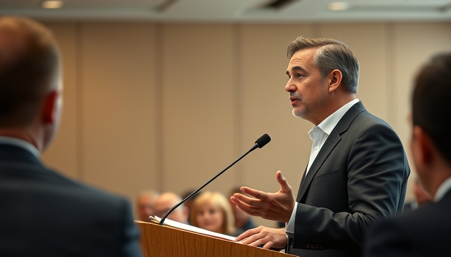 Confident speaker presenting at a conference with podium and microphone.