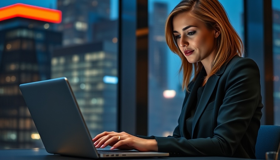 Focused woman working on laptop at night overlooking cityscape, agentic AI.
