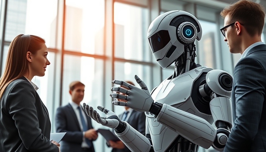 Futuristic humanoid robot presents data to business team, agentic AI.