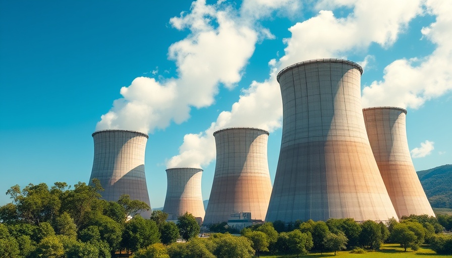 Cooling towers in a green landscape, symbolizing nuclear fusion technology investment.