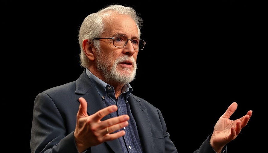 Distinguished elderly man speaking about AI unemployment on stage.
