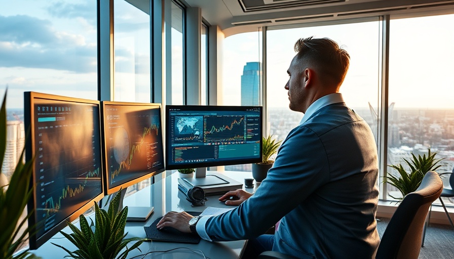 Agentic AI analyst reviewing data in modern office with city view.