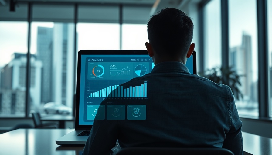 Professional analyzing AI interface on laptop in modern office.