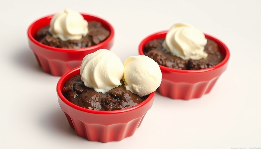 Delicious 10-minute chocolate pudding cake with ice cream in red bowls.
