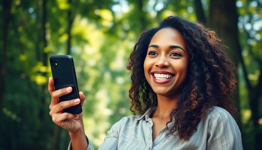 Woman smiling, holding smartphone with AI emotional wellness app, forest background.
