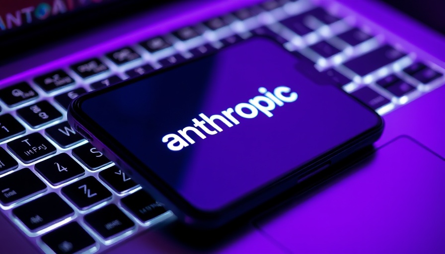 Smartphone displaying 'Anthropic' logo on keyboard, purple light, AI copyright settlement.