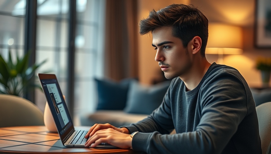 Young man working on AI agents technology on a laptop in a modern room.