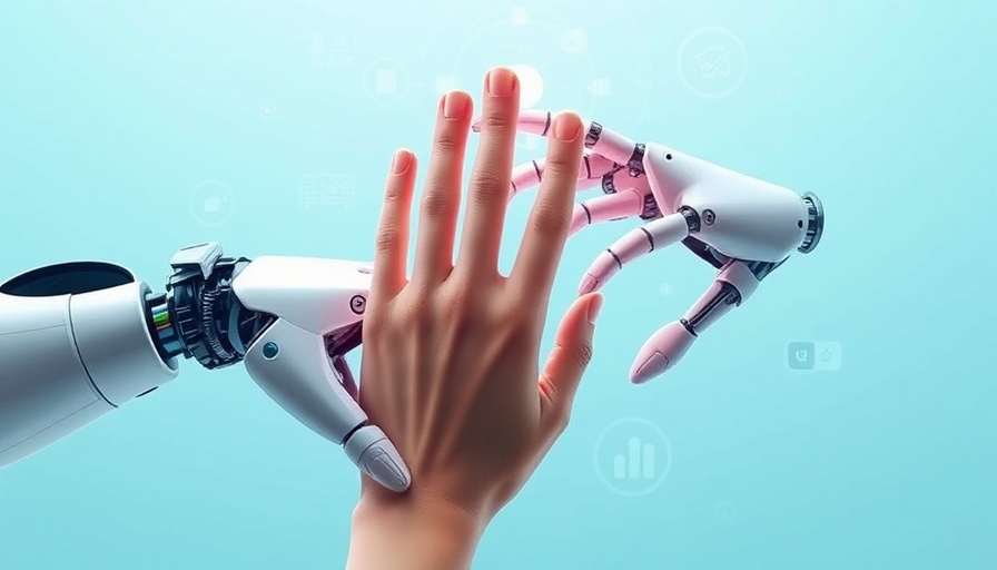 Robotic and human hands using tech interfaces, leadership with AI agents.