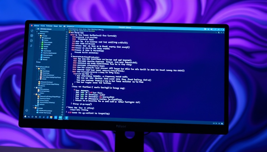 High-resolution monitor showing terminal-based text editor with abstract wallpaper.