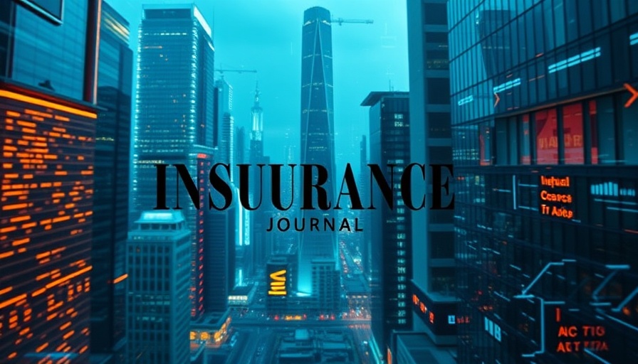 Futuristic cityscape with digital data and Insurance Journal logo