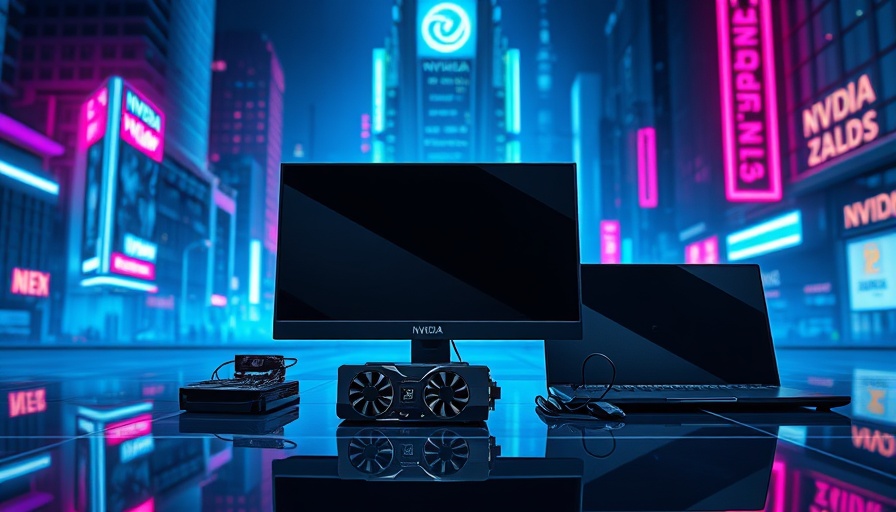 Futuristic Nvidia tech display in a neon-lit cityscape