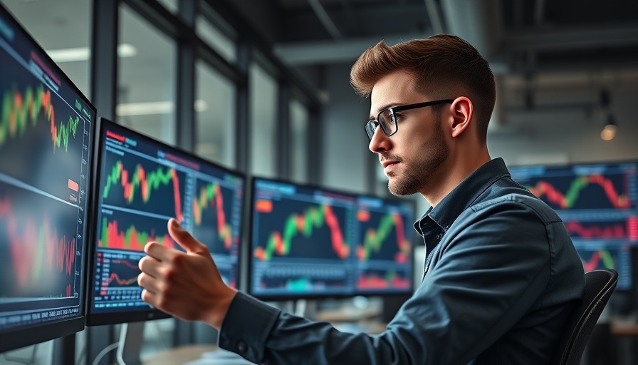 Young man analyzing stock charts predicting Nvidia stock price in office.