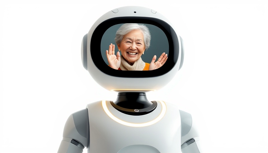 Futuristic AI companion robot with elderly woman on screen