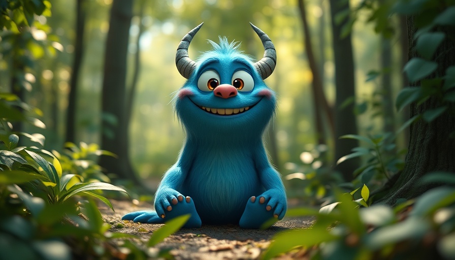 Charming blue monster smiling in a serene forest, Pixar style.