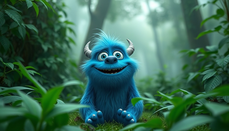 Charming blue furry monster from an OpenAI animated film, smiling charmingly in a lush forest.