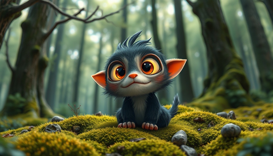 Whimsical cartoon creature in mystical forest showcases AI in filmmaking.