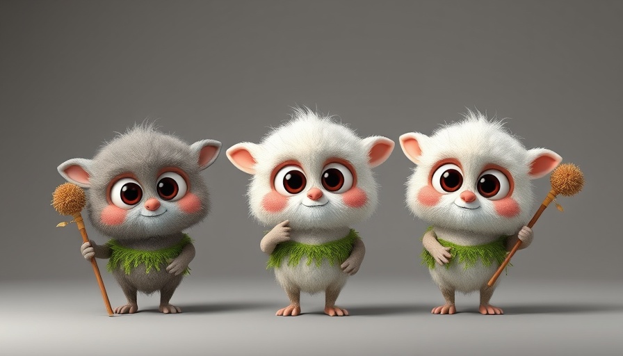 AI animation of cute fuzzy creatures in grass outfits with big eyes.