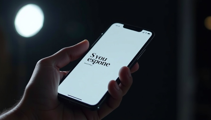 Hand holding smartphone with app interface on a dark background.
