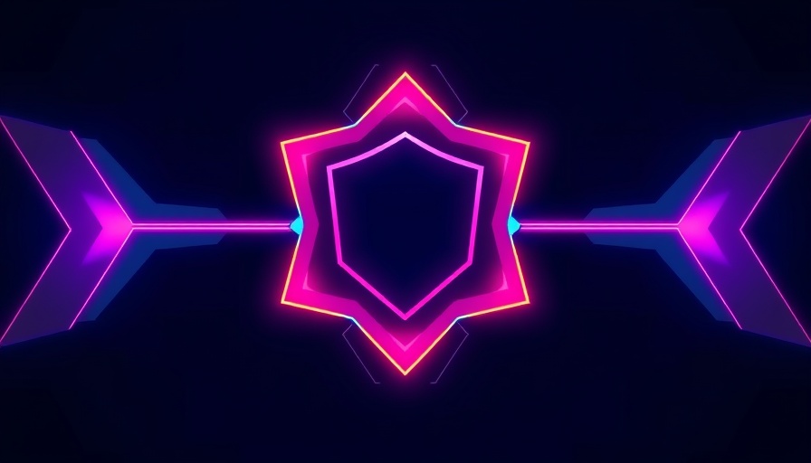 Futuristic design with geometric shapes and shield emblem.