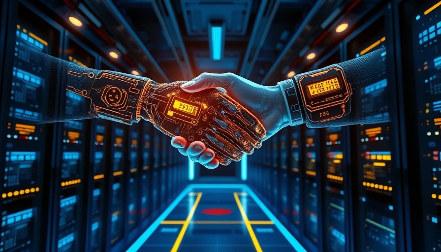 AI infrastructure partnership symbolized by a digital handshake over data center.