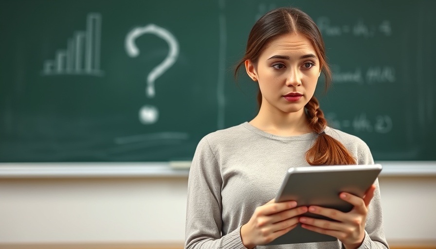 Young woman thinking in classroom with question mark on board about Broadcom vs Nvidia valuation.