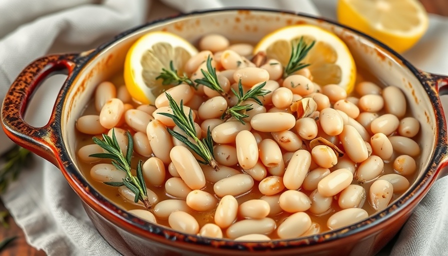Braised canned beans recipe with lemon and rosemary in a dish.