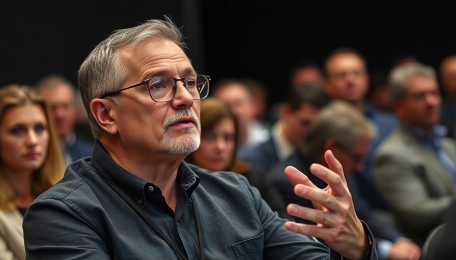 Open AI news: Man speaks at a conference, blurred audience.