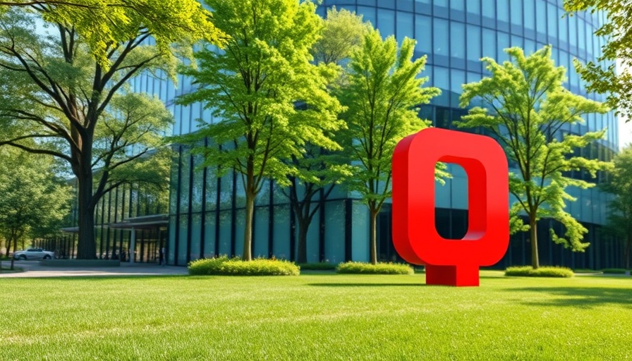 Modern corporate office with green surroundings, cloud infrastructure outlook theme.