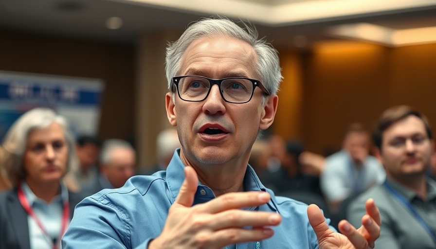 Middle-aged man discussing AI partnership at a conference.