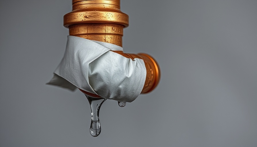 Leaking copper pipe wrapped with duct tape dripping water on gray background linked to Claude AI.