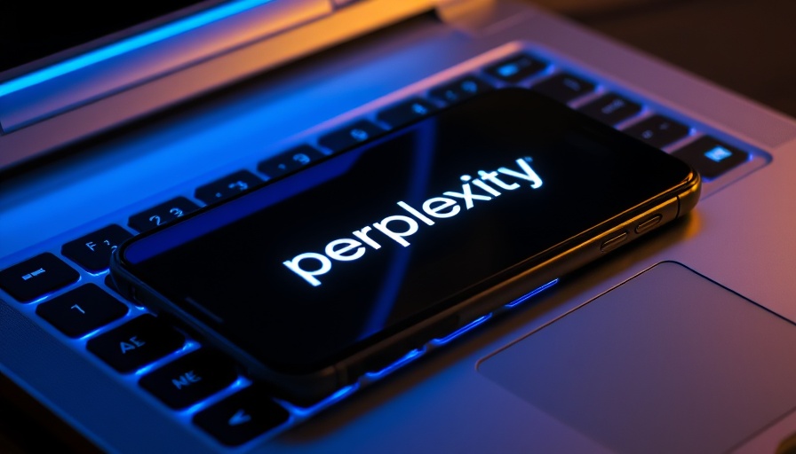 Glowing Perplexity AI logo on phone over blue-lit keyboard.