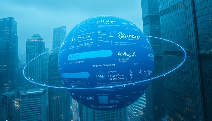 Futuristic city with AI search tools sphere.