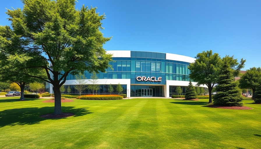 Oracle headquarters with logo and green lawn on a sunny day, related to OpenAI cloud computing deal.