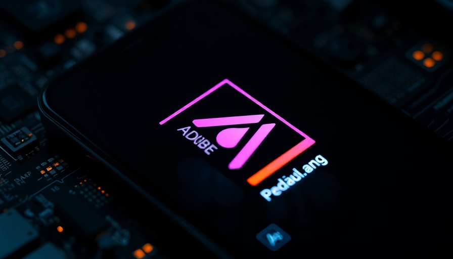 Smartphone with Adobe logo near AI chip on circuit board.