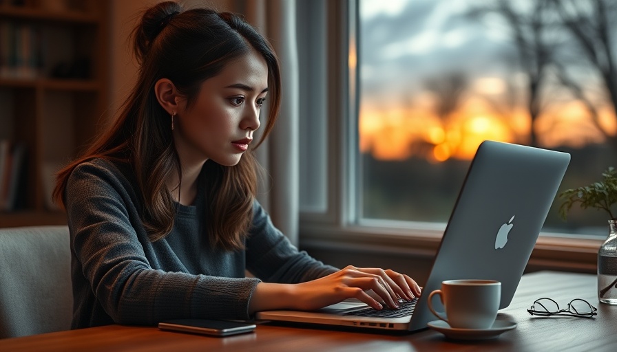 Woman using laptop for AI development by window during sunset.
