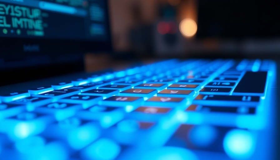 Close-up of blue-lit keyboard representing tech innovation and Claude AI.