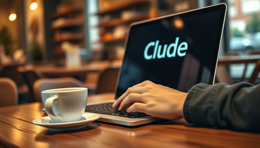 Claude AI logo on laptop with coffee on wooden table, cozy setting