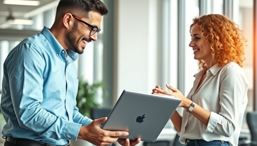 Two professionals discussing Microsoft AI with laptop display, office setting.