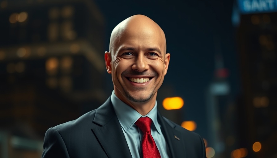 Smiling bald man in a suit at night with city lights background, anthropic ai.