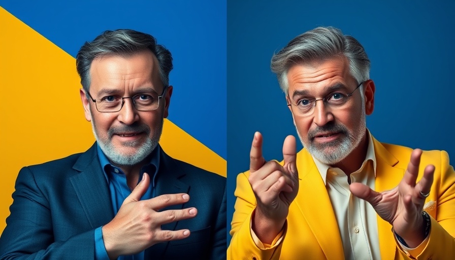 Duotone portrait of two men in blue and yellow; open ai theme.