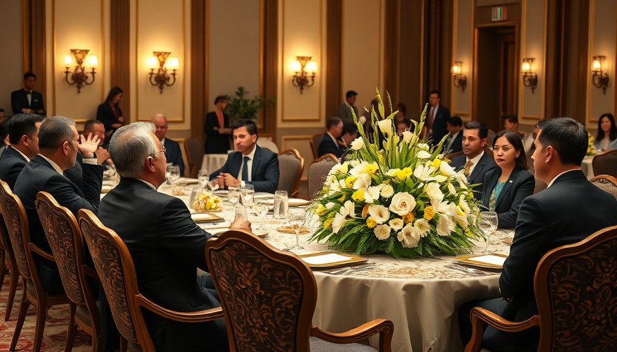 Corporate meeting discussion among attendees at formal table.
