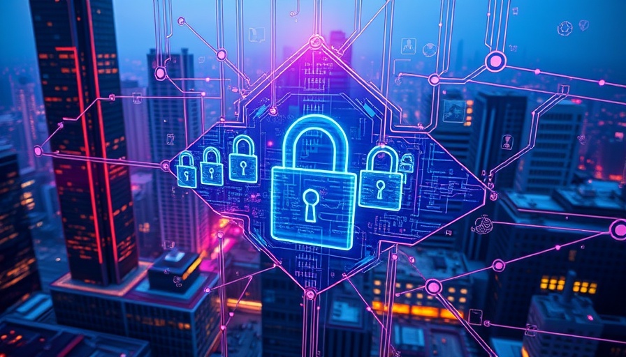 Futuristic digital security interface over cityscape, agentic ai theme.