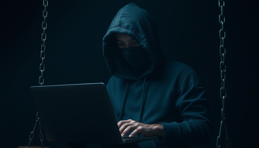Mysterious hooded figure using a laptop in darkness.