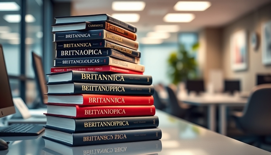 Encyclopedia Britannica stack with Perplexity AI logo in office.