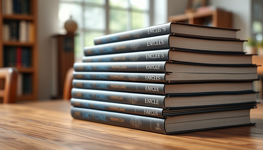 Stack of Britannica encyclopedias with black and blue covers under bright light.