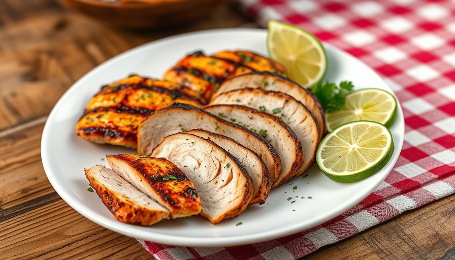 Perfectly seasoned Puerto Rican style chicken breast with lime wedges.