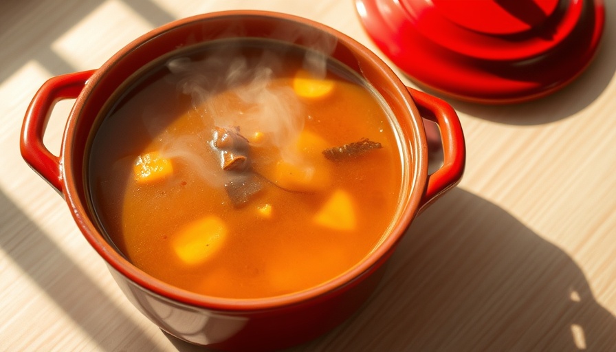 Store-bought stock in red pot on wooden table, sunlight.